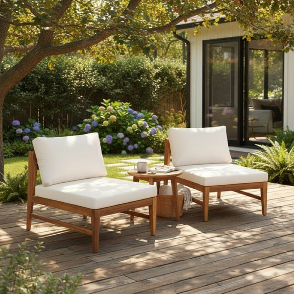 English Elm Outdoor Acacia Wood Patio Sofa with Woven Strap Support and UV Resistant Cushions Patio Deep Seating Armless Chair With Cushions (Set of 2) N778P285891W