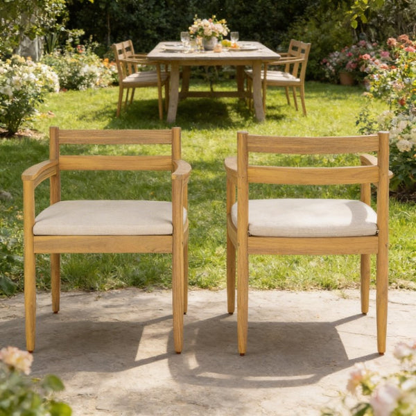 English Elm Outdoor Rattan Dining Arm Chairs with Cushions Set of 2 Acacia Aluminum Patio Beige, Light Teak 31.75 L x 24 W x 23.25 H N778P288156L