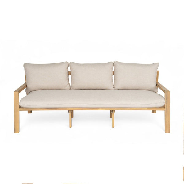 English Elm Outdoor Acacia Wood Patio Sofa with Woven Strap Support and UV Resistant Cushions Outdoor Acacia Wood Woven Sofa With Cushions N778P288157L
