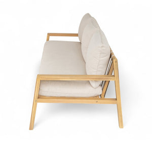 English Elm Outdoor Acacia Wood Patio Sofa with Woven Strap Support and UV Resistant Cushions Outdoor Acacia Wood Woven Sofa With Cushions N778P288157L