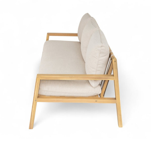 English Elm Outdoor Acacia Wood Patio Sofa with Woven Strap Support and UV Resistant Cushions Outdoor Acacia Wood Woven Sofa With Cushions N778P288157L