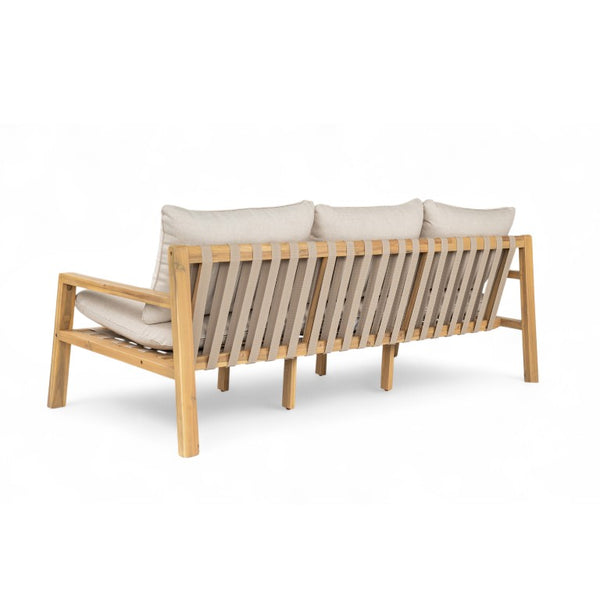 English Elm Outdoor Acacia Wood Patio Sofa with Woven Strap Support and UV Resistant Cushions Outdoor Acacia Wood Woven Sofa With Cushions N778P288157L