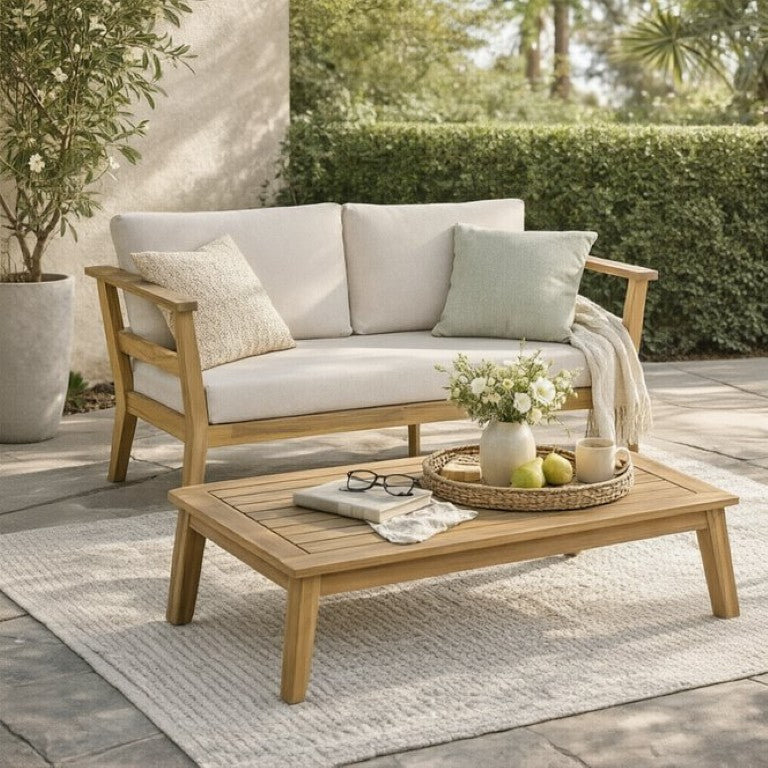 English Elm Acacia Wood Outdoor Loveseat and Coffee Table Set for Patio Deck or Garden Terrace N778P307925L