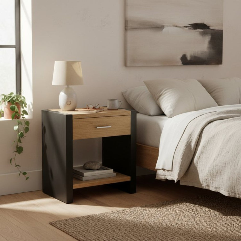 English Elm Wood Single Drawer Nightstand with Open Shelf Industrial Weathered Finish Bedroom Storage Black/Natural N778P331008B