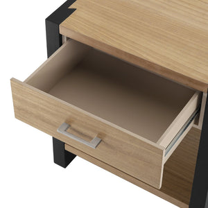 English Elm Wood Single Drawer Nightstand with Open Shelf Industrial Weathered Finish Bedroom Storage Black/Natural N778P331008B