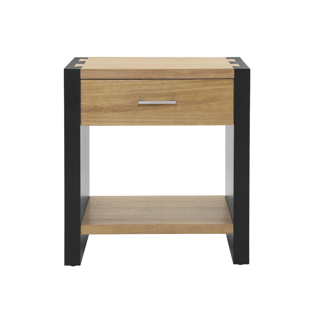 English Elm Wood Single Drawer Nightstand with Open Shelf Industrial Weathered Finish Bedroom Storage Black/Natural N778P331008B