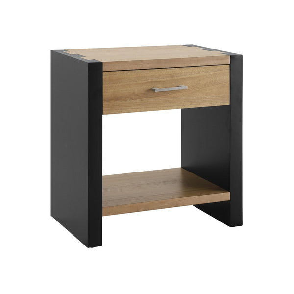 English Elm Wood Single Drawer Nightstand with Open Shelf Industrial Weathered Finish Bedroom Storage Black/Natural N778P331008B