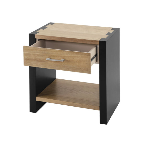 English Elm Wood Single Drawer Nightstand with Open Shelf Industrial Weathered Finish Bedroom Storage Black/Natural N778P331008B