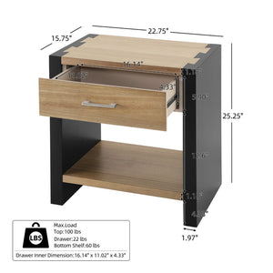 English Elm Wood Single Drawer Nightstand with Open Shelf Industrial Weathered Finish Bedroom Storage Black/Natural N778P331008B