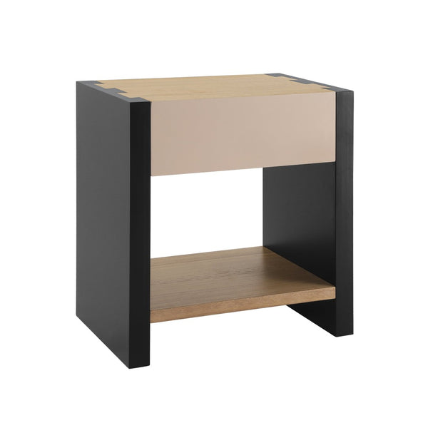 English Elm Wood Single Drawer Nightstand with Open Shelf Industrial Weathered Finish Bedroom Storage Black/Natural N778P331008B