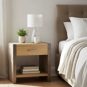 English Elm Wood Single Drawer Nightstand with Open Shelf Industrial Weathered Finish Bedroom Storage Gray/Natural/Rust N778P331008G
