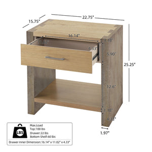 English Elm Wood Single Drawer Nightstand with Open Shelf Industrial Weathered Finish Bedroom Storage Gray/Natural/Rust N778P331008G