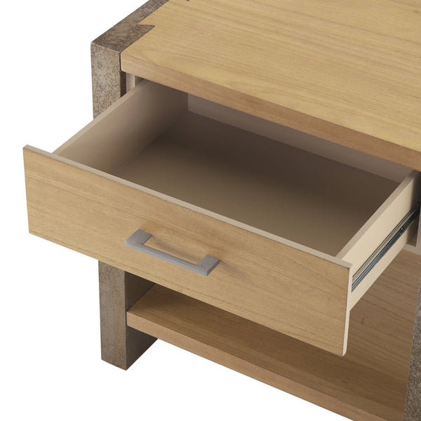 English Elm Wood Single Drawer Nightstand with Open Shelf Industrial Weathered Finish Bedroom Storage Gray/Natural/Rust N778P331008G