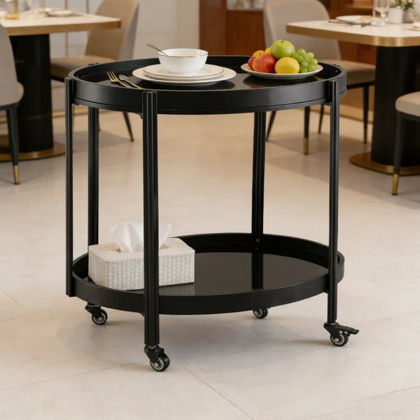 English Elm Oval Black Ash Wood Bar Cart with Iron Frame and Tempered Glass Rolling Shelves N778P331014B