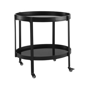 English Elm Oval Black Ash Wood Bar Cart with Iron Frame and Tempered Glass Rolling Shelves N778P331014B