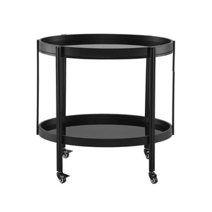English Elm Oval Black Ash Wood Bar Cart with Iron Frame and Tempered Glass Rolling Shelves N778P331014B