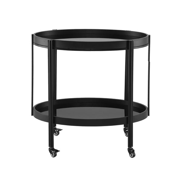 English Elm Oval Black Ash Wood Bar Cart with Iron Frame and Tempered Glass Rolling Shelves N778P331014B
