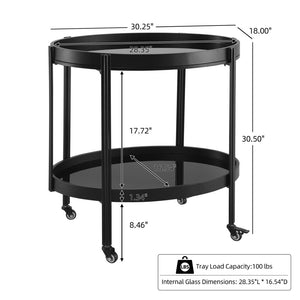 English Elm Oval Black Ash Wood Bar Cart with Iron Frame and Tempered Glass Rolling Shelves N778P331014B