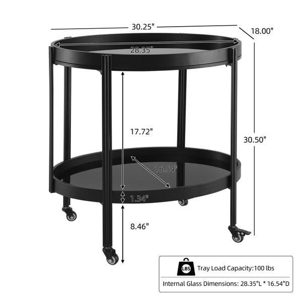 English Elm Oval Black Ash Wood Bar Cart with Iron Frame and Tempered Glass Rolling Shelves N778P331014B