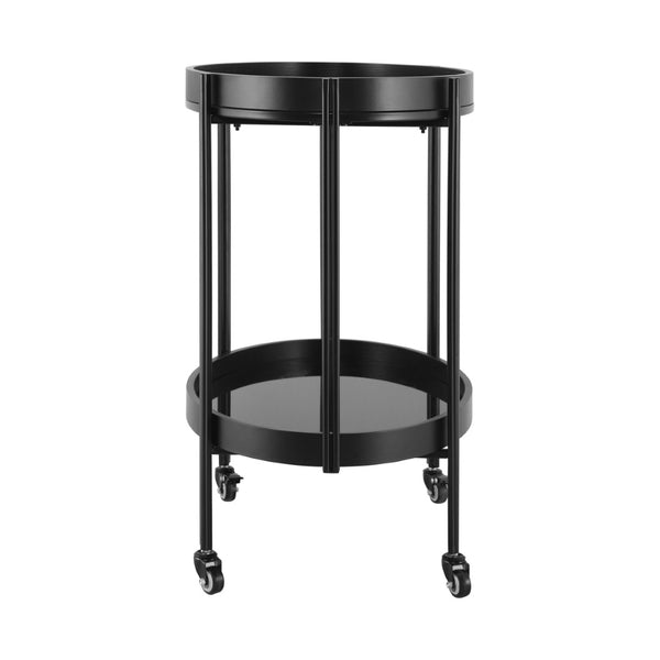English Elm Oval Black Ash Wood Bar Cart with Iron Frame and Tempered Glass Rolling Shelves N778P331014B