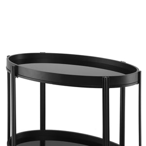 English Elm Oval Black Ash Wood Bar Cart with Iron Frame and Tempered Glass Rolling Shelves N778P331014B
