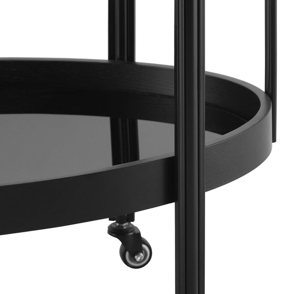 English Elm Oval Black Ash Wood Bar Cart with Iron Frame and Tempered Glass Rolling Shelves N778P331014B