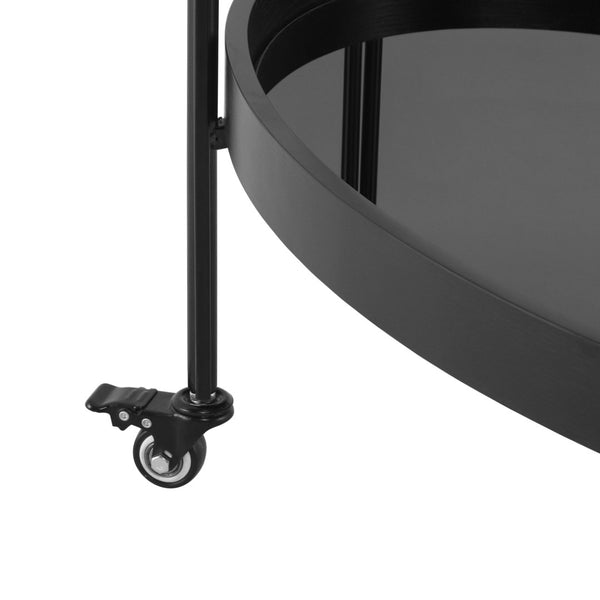 English Elm Oval Black Ash Wood Bar Cart with Iron Frame and Tempered Glass Rolling Shelves N778P331014B