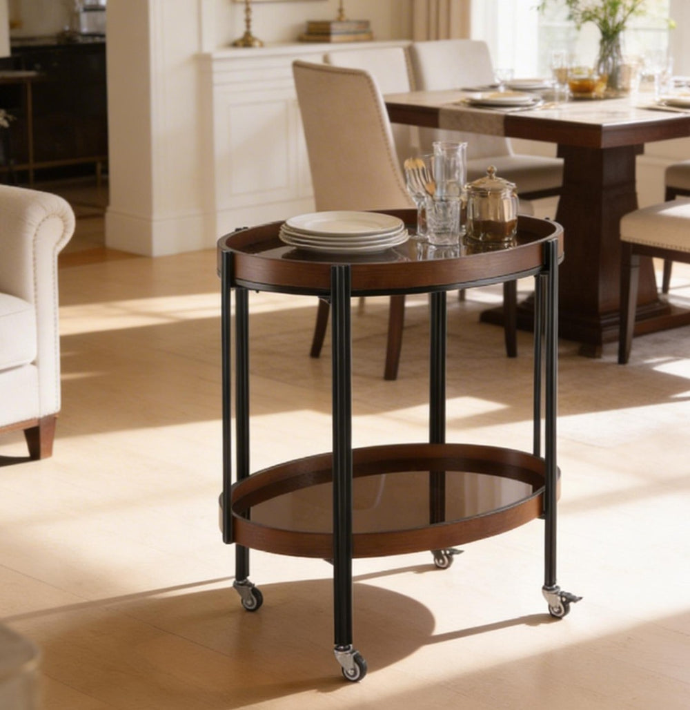 English Elm Oval Bar Cart with Tempered Glass Shelves Iron Frame and Dark Walnut Rolling Design N778P331014W