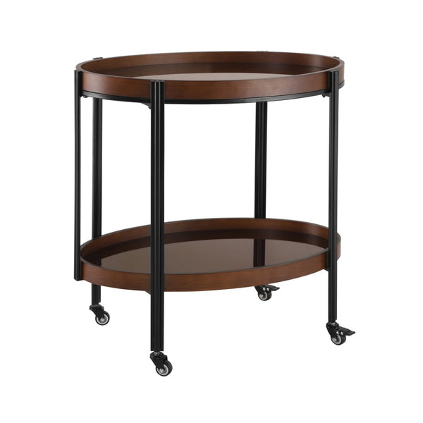 English Elm Oval Bar Cart with Tempered Glass Shelves Iron Frame and Dark Walnut Rolling Design N778P331014W