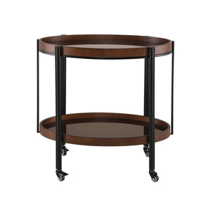 English Elm Oval Bar Cart with Tempered Glass Shelves Iron Frame and Dark Walnut Rolling Design N778P331014W