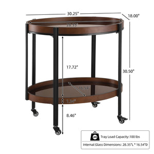 English Elm Oval Bar Cart with Tempered Glass Shelves Iron Frame and Dark Walnut Rolling Design N778P331014W
