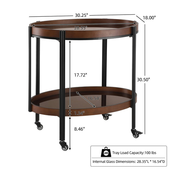 English Elm Oval Bar Cart with Tempered Glass Shelves Iron Frame and Dark Walnut Rolling Design N778P331014W