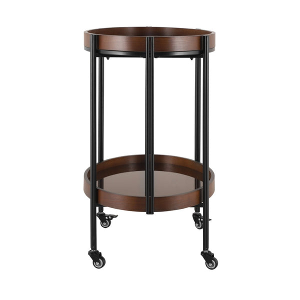 English Elm Oval Bar Cart with Tempered Glass Shelves Iron Frame and Dark Walnut Rolling Design N778P331014W
