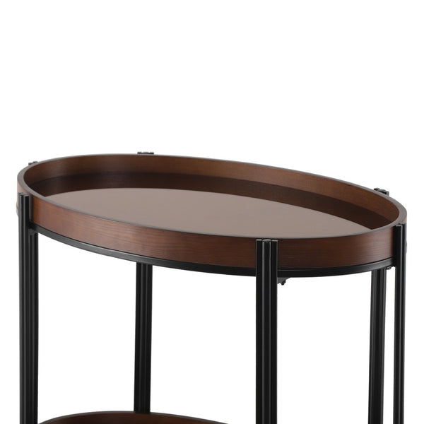 English Elm Oval Bar Cart with Tempered Glass Shelves Iron Frame and Dark Walnut Rolling Design N778P331014W