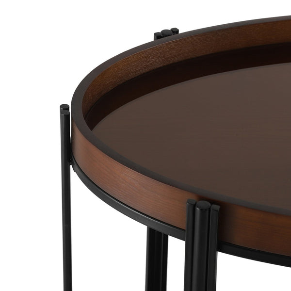 English Elm Oval Bar Cart with Tempered Glass Shelves Iron Frame and Dark Walnut Rolling Design N778P331014W