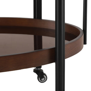 English Elm Oval Bar Cart with Tempered Glass Shelves Iron Frame and Dark Walnut Rolling Design N778P331014W