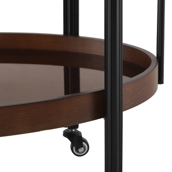 English Elm Oval Bar Cart with Tempered Glass Shelves Iron Frame and Dark Walnut Rolling Design N778P331014W