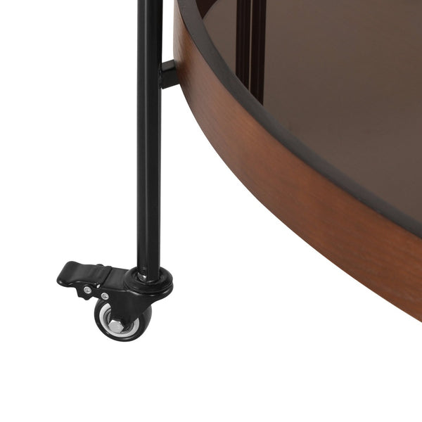 English Elm Oval Bar Cart with Tempered Glass Shelves Iron Frame and Dark Walnut Rolling Design N778P331014W