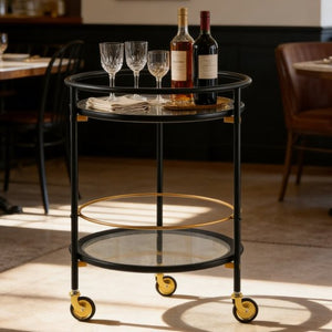 English Elm Modern Round Bar Cart with Dual Glass Shelves Steel Frame and Glam Gold Accents N778P331016B