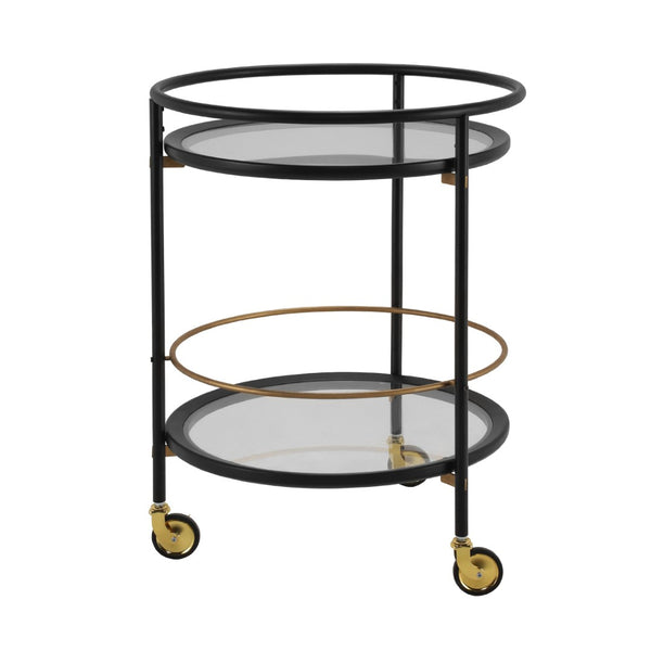 English Elm Modern Round Bar Cart with Dual Glass Shelves Steel Frame and Glam Gold Accents N778P331016B