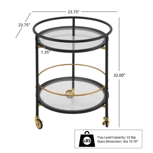 English Elm Modern Round Bar Cart with Dual Glass Shelves Steel Frame and Glam Gold Accents N778P331016B