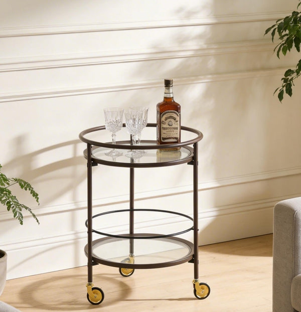 English Elm Modern Round Bar Cart with Tempered Glass Tiers Gold Casters and Coffee Brown Frame N778P331016C