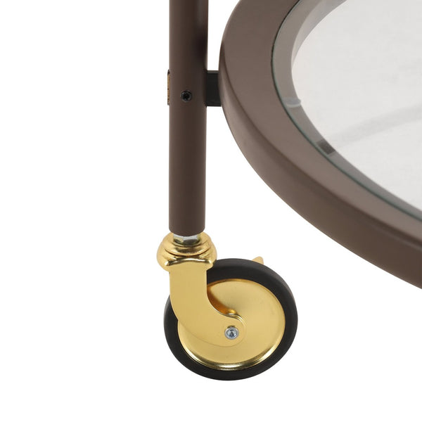 English Elm Modern Round Bar Cart with Tempered Glass Tiers Gold Casters and Coffee Brown Frame N778P331016C