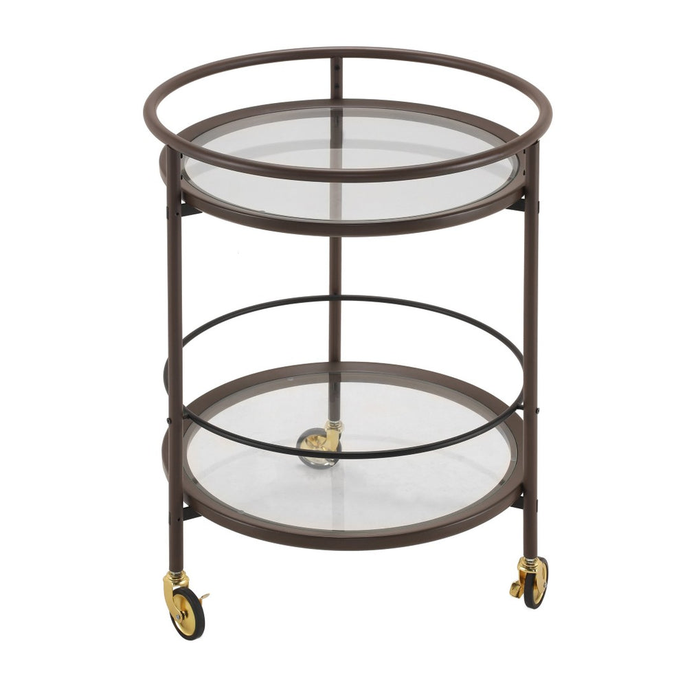 English Elm Modern Round Bar Cart with Tempered Glass Tiers Gold Casters and Coffee Brown Frame N778P331016C