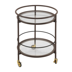 English Elm Modern Round Bar Cart with Tempered Glass Tiers Gold Casters and Coffee Brown Frame N778P331016C
