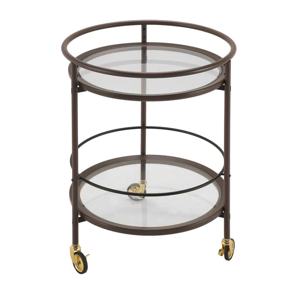 English Elm Modern Round Bar Cart with Tempered Glass Tiers Gold Casters and Coffee Brown Frame N778P331016C