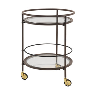 English Elm Modern Round Bar Cart with Tempered Glass Tiers Gold Casters and Coffee Brown Frame N778P331016C