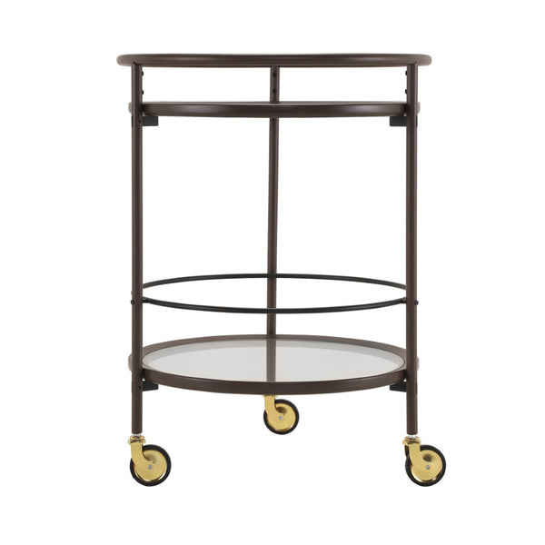 English Elm Modern Round Bar Cart with Tempered Glass Tiers Gold Casters and Coffee Brown Frame N778P331016C