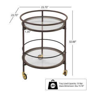 English Elm Modern Round Bar Cart with Tempered Glass Tiers Gold Casters and Coffee Brown Frame N778P331016C