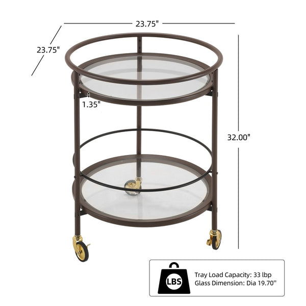 English Elm Modern Round Bar Cart with Tempered Glass Tiers Gold Casters and Coffee Brown Frame N778P331016C